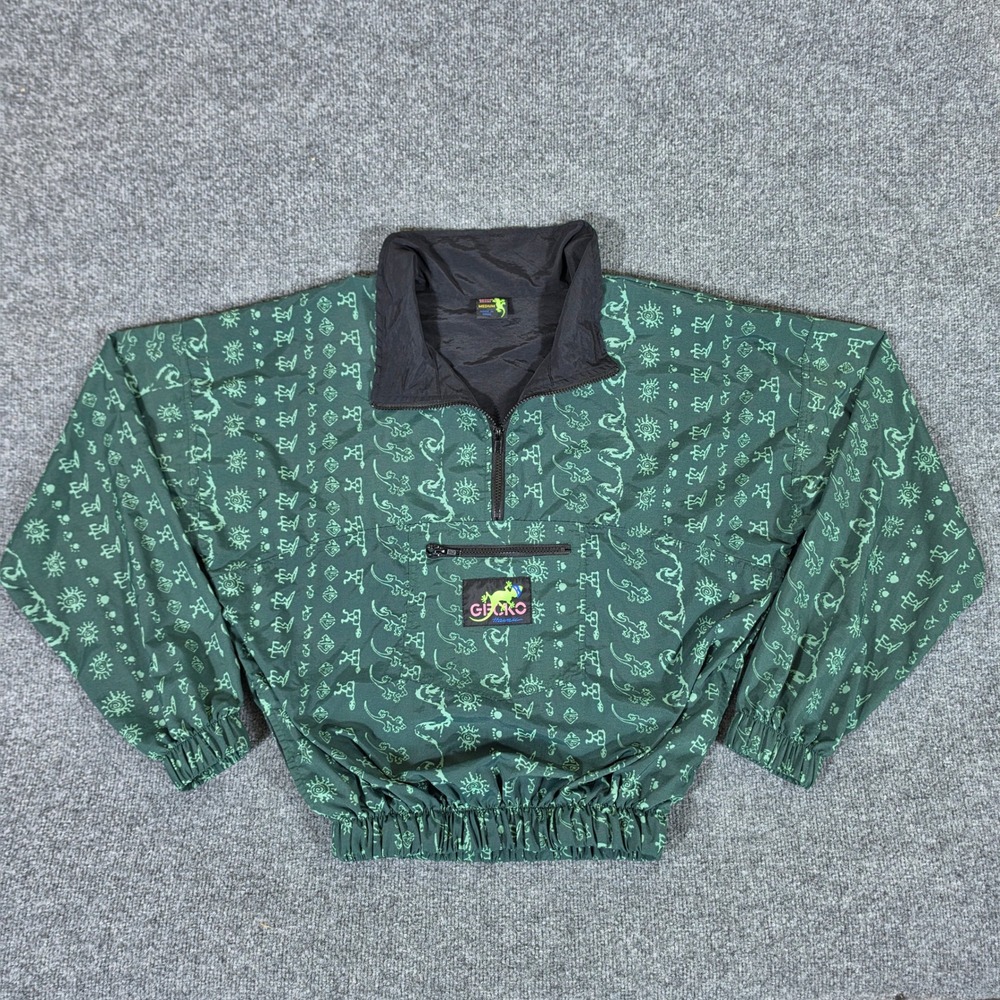Gecko Hawaii Vintage Style 90s Tribal Print Windbreaker Anorak Green Mens Medium